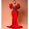 Plus Size Arabic Aso Ebi Red Mermaid Lace Prom Dresses Ruched Puffy Short Sleeves Beaded Sheer Neck Veet Evening Formal Party 2023 328 328