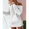 Casual Kleider Off Schulter Rüschen Kordelzug Sexy Robe Herbst Reine Frauen Langarm Mini Bleistift Kleid Sweatshirt Streetwear Kleider Weibliche Z0216