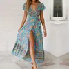 Party Dresses Women Bohemian Long Dress Sexy V-neck Wrap High Split Tunic Short Sleeve Floral Print Summer Lady Beach