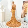 Wunderschöne Designer-Meerjungfrau-Abendkleider Gold Schwarz Spitze Abendkleid Elegant Schulterfrei Rückenfrei Maßgeschneiderte Vestidos de BM3302