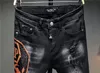 Jeans Masculino Estilo Europeu Homens Jeans Marca Jeans Slim Calças Jeans Pretos Straight Skulls Biker Hole Calças Jeans Pretas para Homens 230217