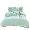 Bedding sets Korean Princess Style Bedding Set For Women Double Ruffle Lace Duvet Cover Full Queen Solid Color Comfortable Falt Bed Sheet Set