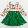 Abiti da ragazza Esclusivo Girlymax Christmas Baby Abbigliamento per bambini Stampa di seta al latte Ruffles Paillettes Abito a spirale Lunghezza al ginocchio Manica lunga 230217