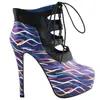 Klänningskor LF80886 SHOW Story Retro Multicolored Curve Print Lace-Up Platform Stiletto High Heels Ankel Boot Bootie