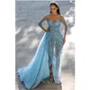 Split Evening Dresses Long Sleeve Plunging Neckline Beaded Sequins Mermaid Formal Evening Gowns Detachable Train Crystal Prom Dresses