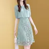 Casual Dresses 2022 Summer New Elegant Fashion Fake Two Piece Lace Chiffon Patchwork Dresses Office Lady Short Sleeve Simple Popularity Dress Z0216