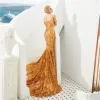 Wunderschöne Designer-Meerjungfrau-Abendkleider Gold Schwarz Spitze Abendkleid Elegant Schulterfrei Rückenfrei Maßgeschneiderte Vestidos de BM3302