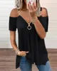 Women's T Shirts Summer Women's Chain Strap Top 2023 Femme Trim Cold Shoulder V-Neck Zipper Short Sleeve Elegant T-Shirt Ladies Clothe