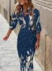 Casual Dresses Spring Summer Fashion Print Dress Blus Neck Tie Mid Length Randed Kirt Bekväma Kvinnor Wear Robe 230216