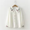 Women's Blouses Shirts Floral Embroidered Button Up Chiffon Blouse Long Sleeve Peter pan Collar Shirt Sweet Girls Loose Plus Size Top T93902F 230217