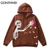 Mens Hoodies Sweatshirts Gonthwid Hip Hop Street Giyim Hoodie Sweatshirt İskelet Yaması Polar Kapşonlu Harajuku Kış Pamuk Külot Kahverengi 230216