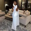 2023 White Satin Lace Appliques African Evening Dress Scoop Neck Backless Short Custom Made Long Pageant Gowns 328 328