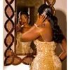 2023 Gold Prom Dresses Full equins Spaghetti Straps Mermaid Long Evening Dons Plus Size Made Made Pageant 328 328