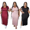 Robes grande taille été mode Patchwork t-shirt robe col rond taille haute fendu vêtements de sport moulante en gros goutte