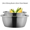 Bowls 304 Stainless Steel Thickened Mixing Kitchenware Set Nested Drain Basket Vegetables Basin Rice Sieve Soup Strainer K