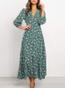 Casual Dresses Women Summer Elegant Floral Print Maxi Boho Three Quarter Sleeve V Neck Office Long Beach Robe Tunic 230217