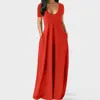 Casual Dresses Summer Maxi Dress for Women Clothing 2022 Fashion Solid Color Sexig Deep Vneck kortärmad avslappnad klänning Hög midja Pocket Robe Z0216