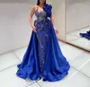 Abiti da ballo blu scuro senza maniche con scollo a V in pizzo 3D con applicazioni sexy di paillettes con perline lunghezza del pavimento celebrità treno staccabile abiti da sera taglie forti su misura