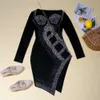 Casual Dresses 2021 High Quality New Design Dress Solid Diamond Hollow Out Square Neck Long Sleeve Sexy Club Mini Dress Vestidos Z0216