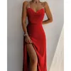 Robes décontractées femmes chaîne liée col bénitier fendu cuisse Slip robe été mode Femme Spaghetti sangle Maxi tenues fête anniversaire