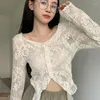 Kvinnors blusar Kvinnor Oregelbundna långärmad Single Breasted Transparent skjortor Lady Casual Lace Shirt 2023 Spring Korean Fashion Sun Protect