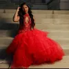 Sexy 2023 Red Mermaid Prom Dresses High Neck Keyhole Sequined Lace Tulle Sequins Tiered Ruffles Skirts Evening Gowns Plus Size Formal Party Dress