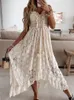 Sıradan elbiseler boho kadınlar yaz maxi bayan kapalı omuz tatil dantel v boyun spagetti kayış sundress beyaz vestidos de mujer 230217