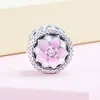 Pink Magnolia Flower Round Charm 925 Sterling Silver for Pandora Jewelry Snake Chain Bracelet Bangle Necklace Making Components Sparkling Charms with Original Box