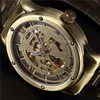 Polshorloges mode vintage bronzen horloge mannen skelet kijken naar shenhua full staal automatisch mechanisch reloj hombre montre hommewristwatches