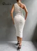 Casual jurken Gedragsmelten Witte dubbele laag Mesh Midi voor vrouwen een schouder Backless Ruched Summer Dress Sexy Club Party Vestidos 230217