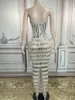 Stage Wear Mesh Transparent Long Dress Shining Silver Sequins Rhinestones Birthday Outfits For Women Sexy Party Celebrate