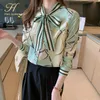 Kvinnors blusar skjortor H Han Queen Spring Vintage Print Office Lady Blue Female Shirt Bow Tops Långärmad Casual Korean Ol Women Loose 230217