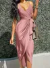 Casual Dresses Office Elegant V Neck Strap Long Dress Women Sexy Sleeveless Irregular Party Fashion Tie-up Wrap Solid Satin Maxi