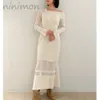 Casual Dresses NINIMON Asymmetric Strapless Knitted Dress Sexy Transparent Chiffon Patchwork Solid Elastic High Waist Mermaid Hems Dres 230216