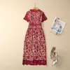 Spring Red Floral Lace Dress Short Sleeve V Neck Double Pockets Single-Breasted Casual Dresses S3F131622 Plus Size XXL