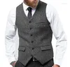 Men's Vests Grey Burgundy Herringbone V-Neck Vest With 6 Buttons Men'S Wedding Clothing Dinner Party Wear Waistcoat Tailored Costume