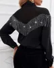 Kvinnor BLOUSES Spring Autumn Women Tassel Sheer Mesh Button Front Shirt 2023 Femme Turn-Down Collar Long Sleeve Top Office Lady Outfits
