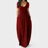 Casual Dresses Summer Maxi Dress for Women Clothing 2022 Fashion Solid Color Sexig Deep Vneck kortärmad avslappnad klänning Hög midja Pocket Robe Z0216