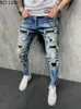 Jeans masculinos jeans skinny homens pintados trechos magros raspados rasgados angustiados joelheiros calças de jeans da marca casual 230217