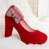 Dress Shoes Rimocy Women's Plus Size 45 Crystal Bowtie Pumps Super High Square Heels Ankle Strap Party Wedding Woman Flock 2023