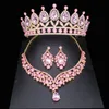 Bröllop smycken set rosa crystal brud för kvinnor tjej prinsessan tiaracrown örhänge halsband tävling prom accessoarer 230216