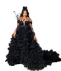 Arabic Aso Ebi Black Prom Dresses Sexy Off Shoulder Illusion Long Sleeve Beaded Feather Tiers Ruffels Evening Gown Photograph