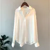 Women's Blouses Shirts Fashion Vintage Silk Satin Long Sleeve Tops Solid Color Plus Size 230217