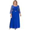 Plus Size Kleider für die Brautmutter, Königsblau, A-Linie, Chiffon, lange Ärmel, Hochzeitsgastkleid, Spitzenapplikation, quadratischer Ausschnitt, hohe Taille, formelle Party-Abendkleider