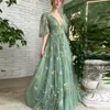 Sevintage vert broderie dentelle robes de bal manches bouffantes une ligne longue robes de soirée de mariage dos ouvert robe de soirée en tulle 230217