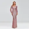 Feestjurken vrouwen elegante v-hals zeemeermin avondjurk vloer lengte formele prom feestjurk pailletten lange mouw galadress vestidos 230217