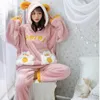 Women's Sleepwear Tulin Fashion Cute Pajamas Set 2 Pieces Flannel Warm Winter Thick Coral Fleece Hooded Cartoon Girl Home Wear