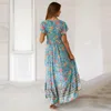 Party Dresses Women Bohemian Long Dress Sexy V-neck Wrap High Split Tunic Short Sleeve Floral Print Summer Lady Beach