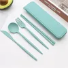 Dinnerware Sets 4Pcs/Set Travel Portable Cutlery Box Japan Style Wheat Straw Knife Fork Spoon Chopsticks Student Set Kitchen Tablewar