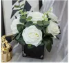 Fleurs décoratives Rose artificielle à 3 têtes avec Vase en céramique Faux arrangements floraux pour la décoration intérieure Centres de table de bureau